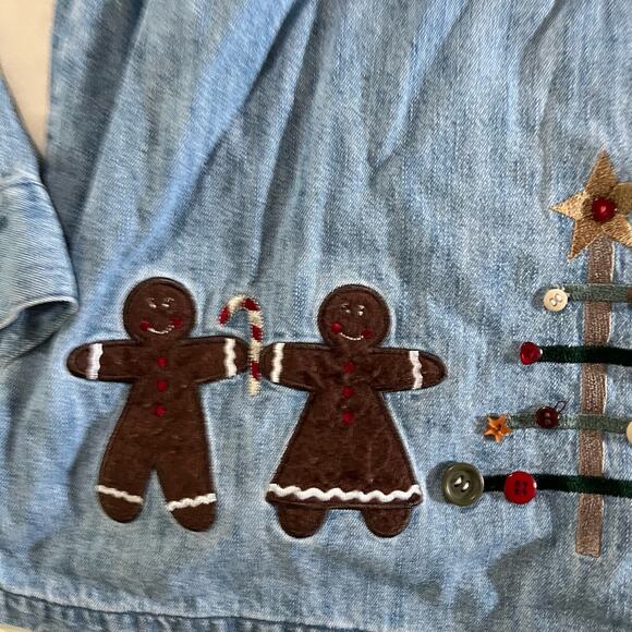 Vtg Y2K 2000s Plus Size Christmas Holiday Denim Shirt Wmns 1X Granny Cottagecore - Picture 6 of 12